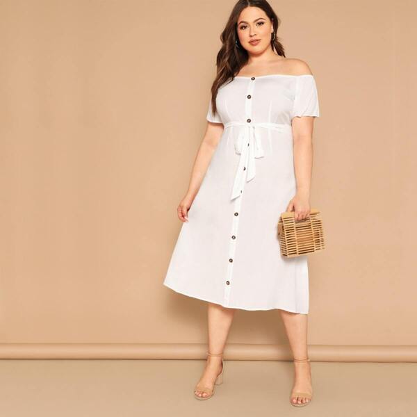 

Plus Off Shoulder Button Front Belted Dress, White