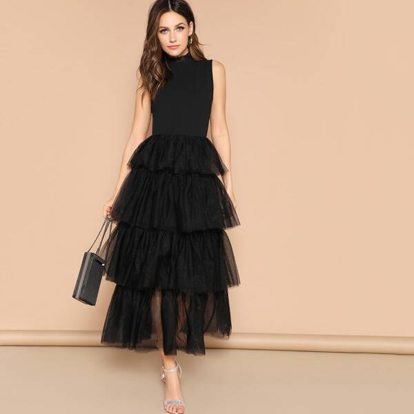 

Mixed Media Layered Mesh Ruffle Dress, Black