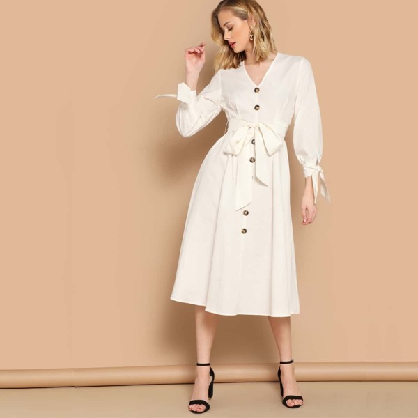 

Button Front Knot Cuff Belted Dress, White