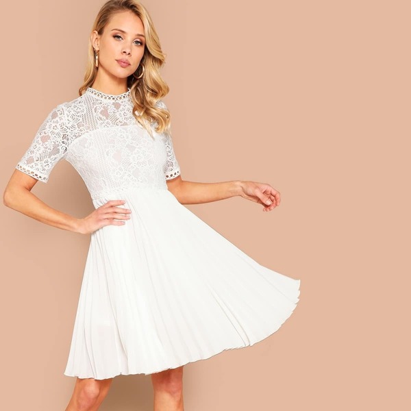 

Guipure Lace Bodice Pleated Dress