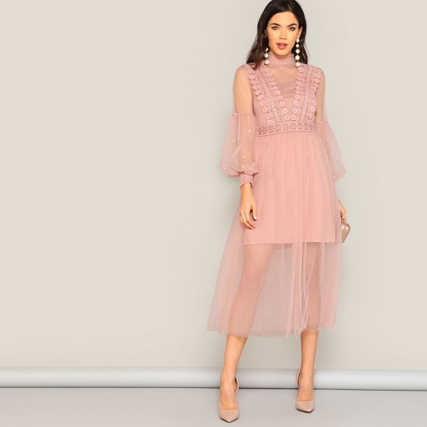 

Pearl Beaded Bishop Sleeve Sheer Mesh Overlay Dress, Pink pastel