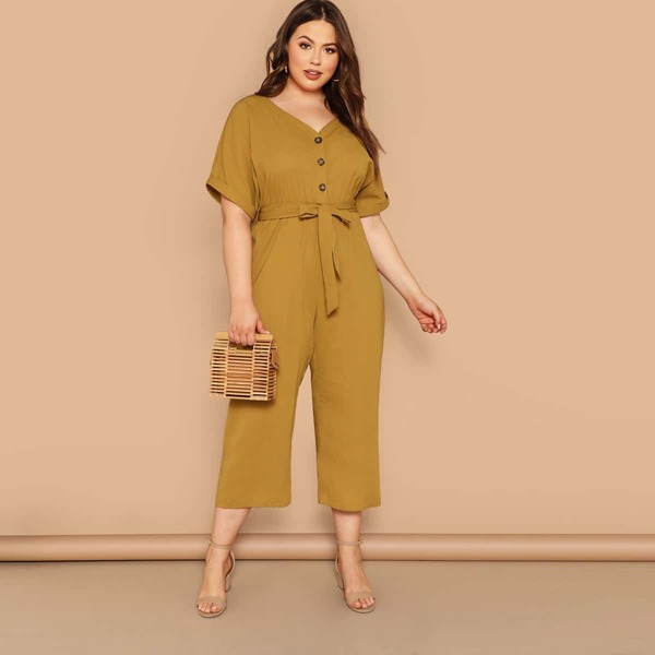 

Plus Button Front Belted V-neck Jumpsuit, Yellow