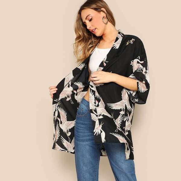 

Crane Bird Print Side Slit Kimono, Multicolor