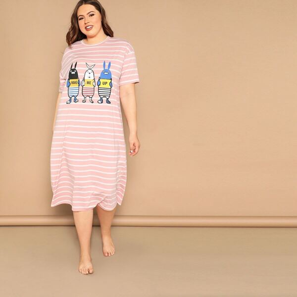 

Plus Rabbit & Striped Tunic Night Dress, Pink pastel