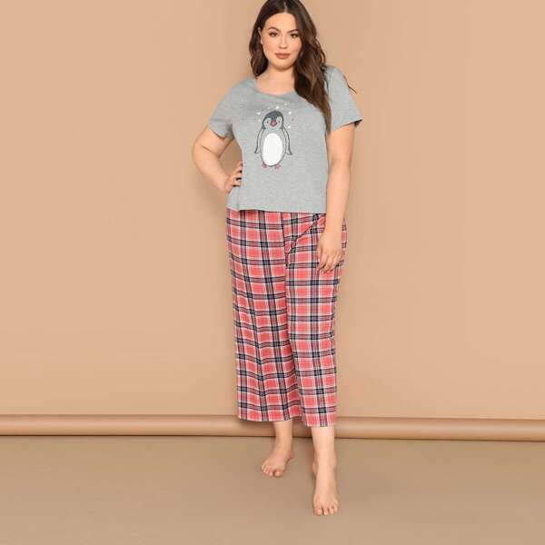 

Plus Penguin Graphic Top & Plaid Wide Pants PJ Set, Multicolor