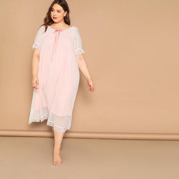 

Plus Lace Trim Bow Front Night Dress, Pink pastel