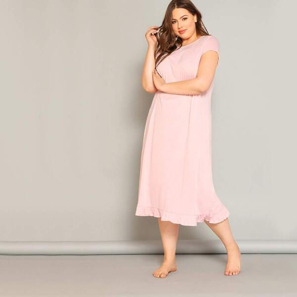 

Plus Button Detail Flounce Hem Solid Nightdress, Pink pastel
