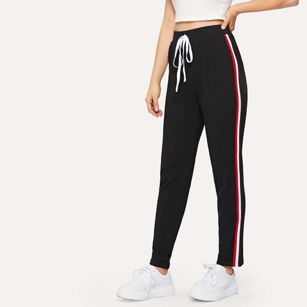

Drawstring Waist Striped Side Rib-knit Pants