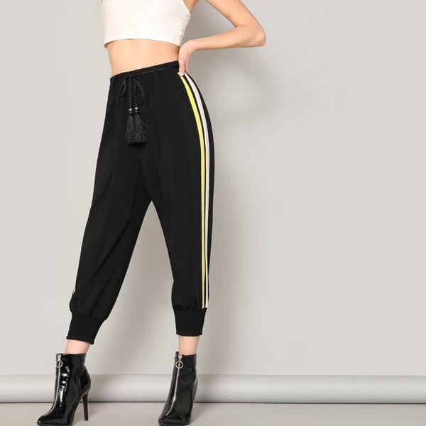 

Stripe Side Shirred Hem Drawstring Pants, Black