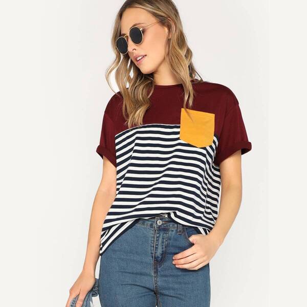 

Color-block Pocket Patch Striped Tee