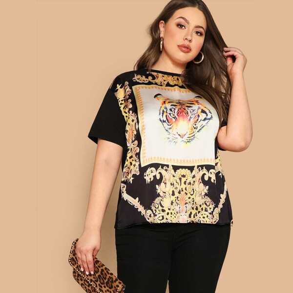

Plus Tiger Scarf Print Top, Multicolor