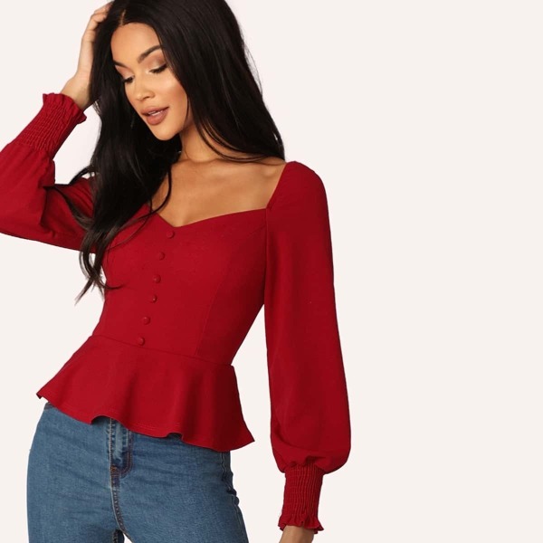 

Shirred Back Button Front Peplum Top, Burgundy