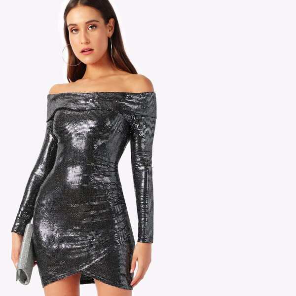 

Metallic Sequin Wrap Hem Bardot Bodycon Dress