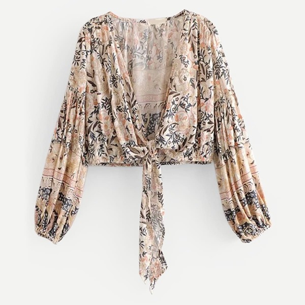 

Blouson Sleeve Knot Front Floral Top