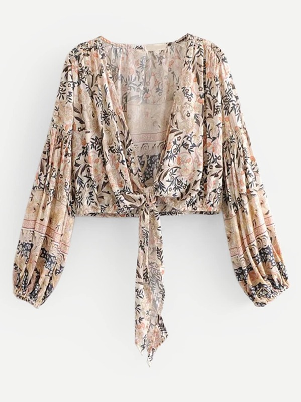 

Blouson Sleeve Knot Front Floral Top, Multicolor