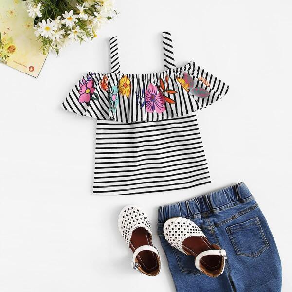 

Toddler Girls Floral Print Striped Cami Blouse, Black and white
