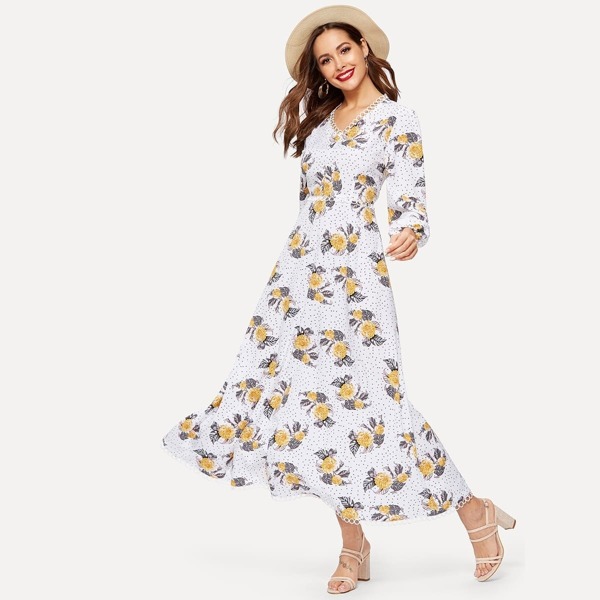 

Floral Print Polka Dot Bishop Sleeve Dress, White