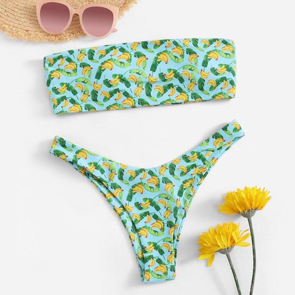 

Banana & Palm Print Bandeau With Cheeky Bikini