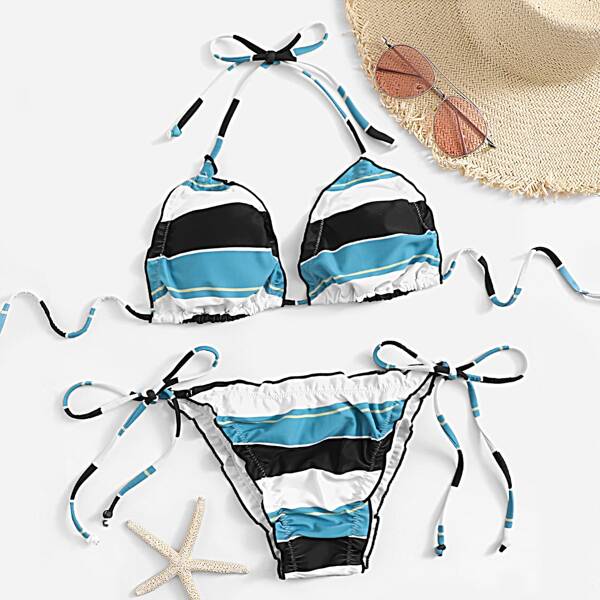

Striped Lettuce Trim Halter Top With Tie Side Bikini