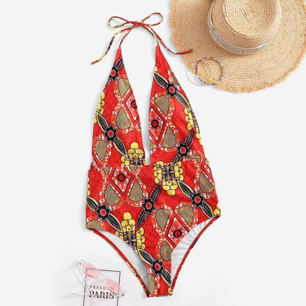 

Floral Open Back Halter One Piece Swimsuit