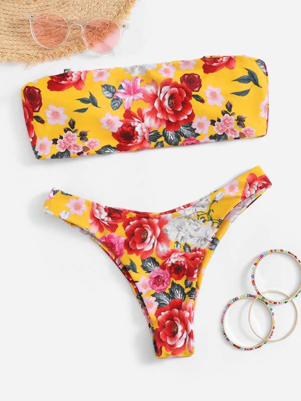 

Floral Bandeau With Cheeky Bikini Set, Multicolor