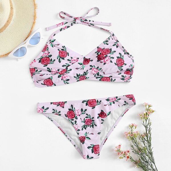 

Floral Criss Cross Halter Top With Panty Bikini