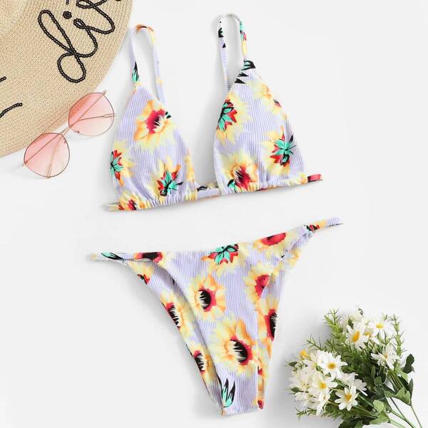 

Floral & Striped Triangle Top With Tanga Bikini