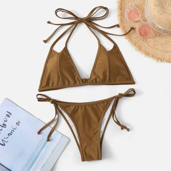 

Seam Halter Top With Tie Side Bikini Set