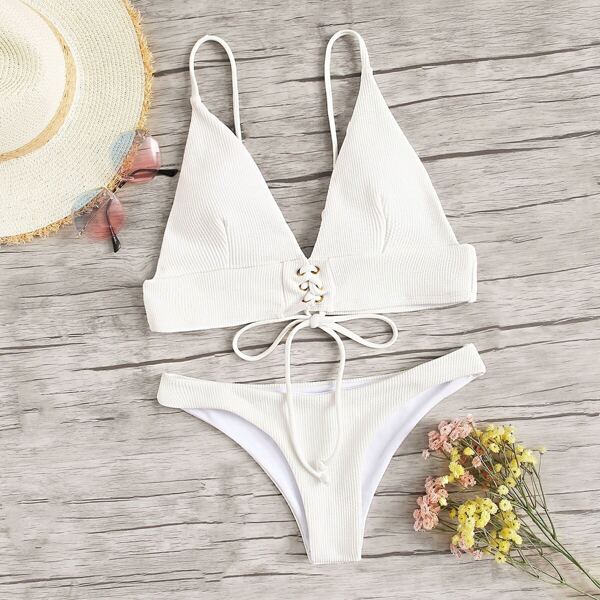 

Ribbed Lace-up Top With Hipster Bikini Set, White