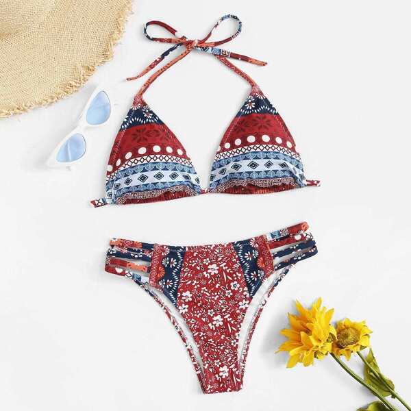 

Triangle Halter Top With Ladder Cut-out Bikini, Multicolor