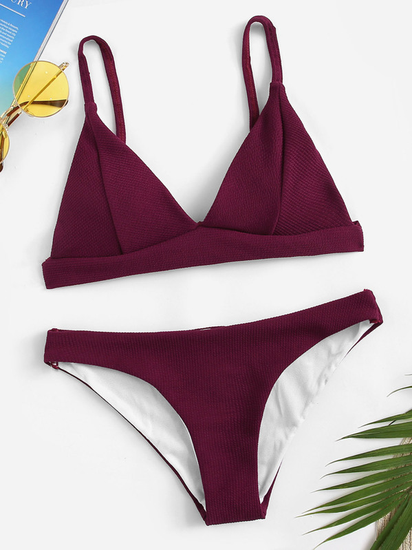 

Ribbed Triangle Top With Panty Bikini Set, Burgundy
