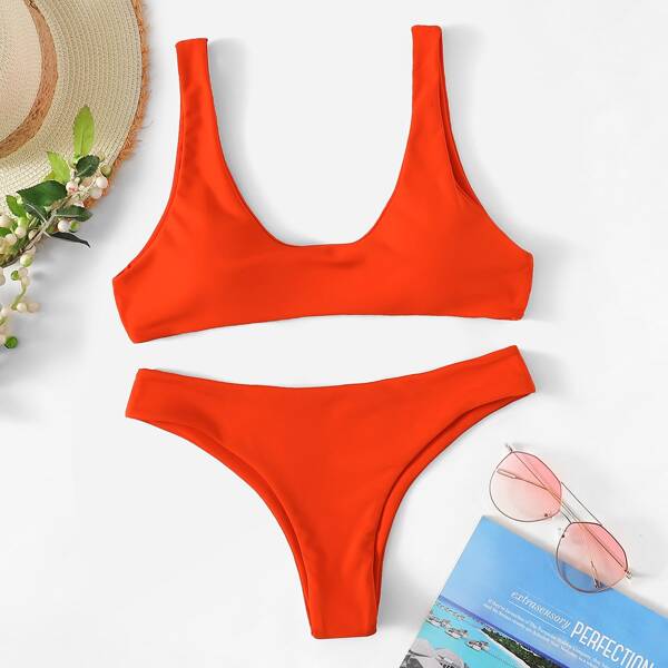 

Scoop Neck Top With Cheeky Bikini Set, Red bright