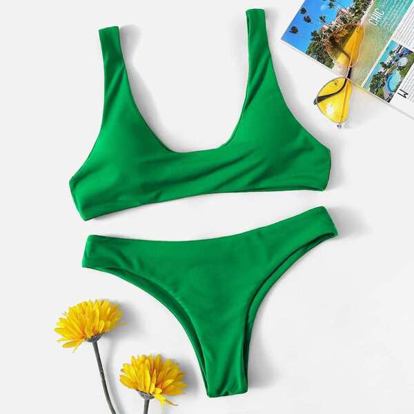 

Scoop Neck Top With Cheeky Bikini Set, Green