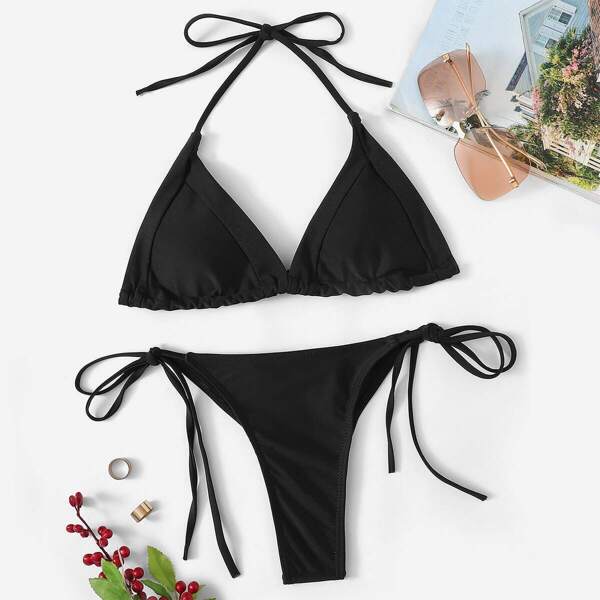

Self Tie Triangle Top With Tie Side Bikini, Black