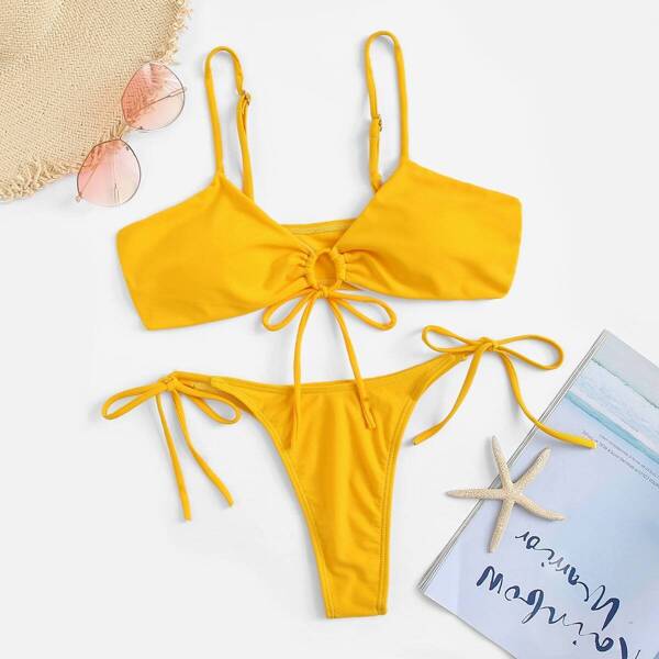 

Tie Front Top With Tie Side Bikini Set, Yellow bright