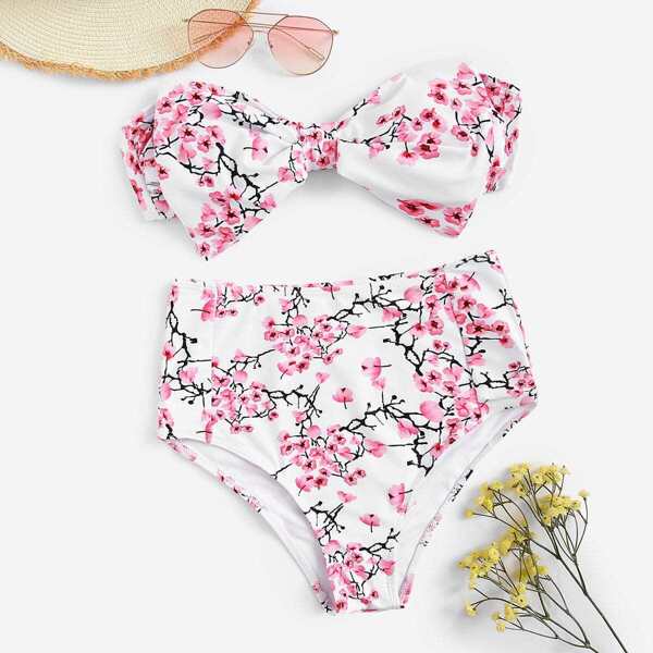 

Floral Bow Decorated Bandeau With High Waist Bikini, Multicolor