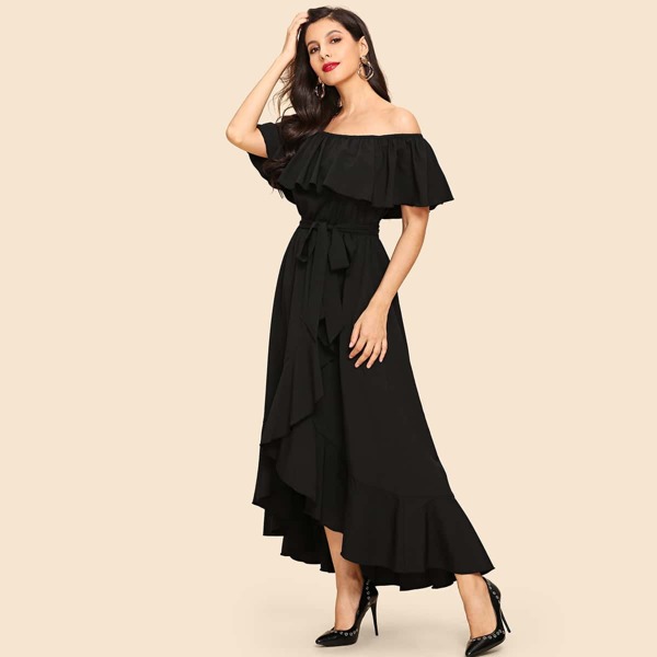 

Off Shoulder Ruffle Belted Solid Dress, Black