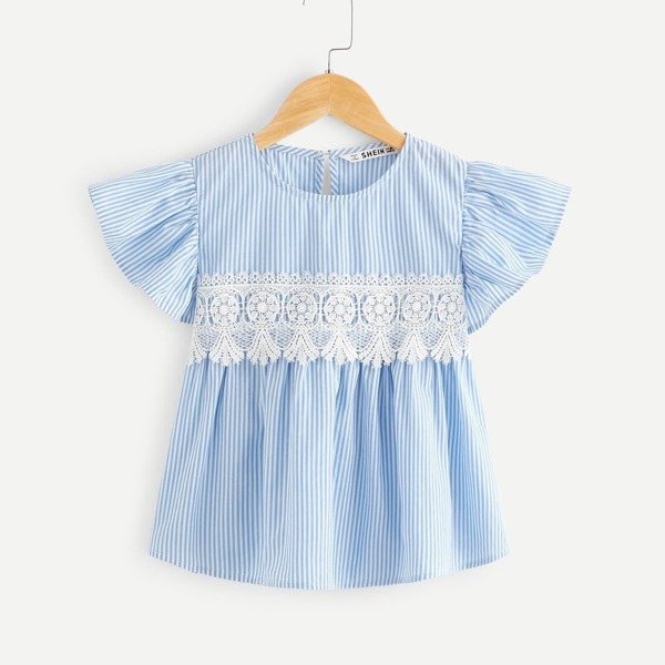 

Girls Guipure Lace Applique Striped Smock Top, Blue pastel