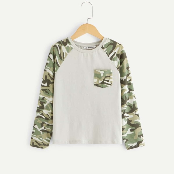 

Girls Pocket Patched Camo Raglan Sleeve Top, Multicolor