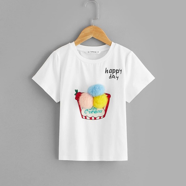 

Girls Pompom Detail Letter Print Top
