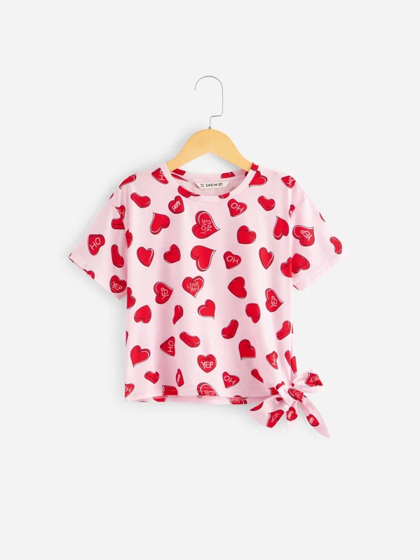 

Girls Letter & Heart Print Knot Detail Top, Multicolor