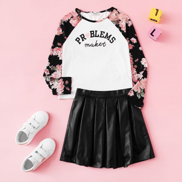 

Girls Floral Raglan Sleeve Top & Pu Skirt Set