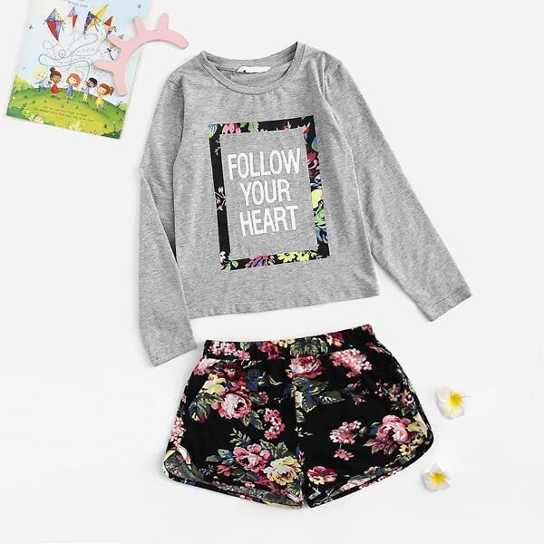 

Girls Heather Knit Slogan Tee & Floral Shorts Set