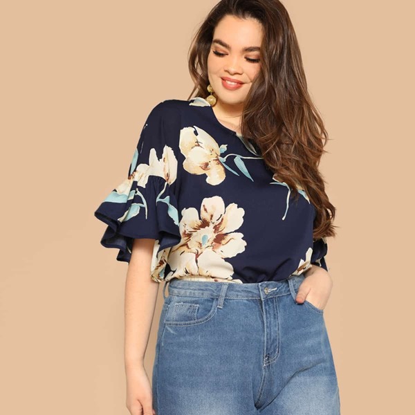 

Plus Flounce Sleeve Floral Print Blouse, Navy