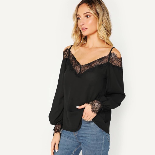 

Eyelash Lace Panel Cold Shoulder Top, Black