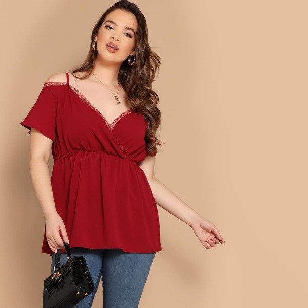 

Plus Open Shoulder Lace Insert Wrap Top, Burgundy