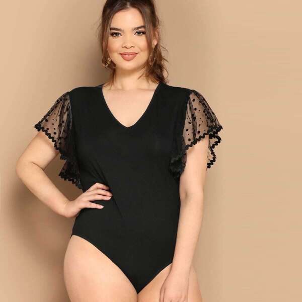 

Plus Embroidered Mesh Flutter Sleeve Bodysuit