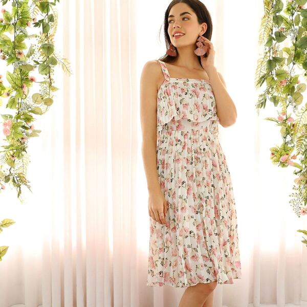 

Ditsy Floral Print Pleated Overlay Cami Dress, Multicolor