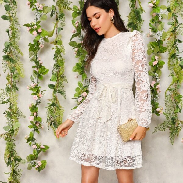 

Ruffle Seam Self Tie Lace Dress, White