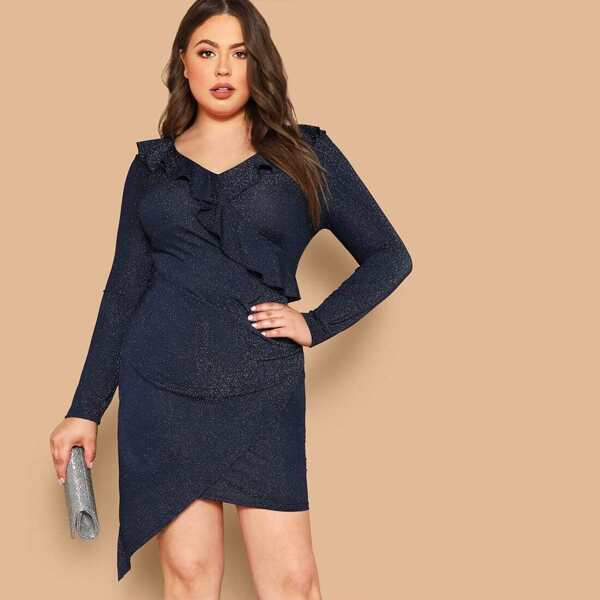 

Plus Ruffle Trim Asymmetrical Wrap Glitter Dress